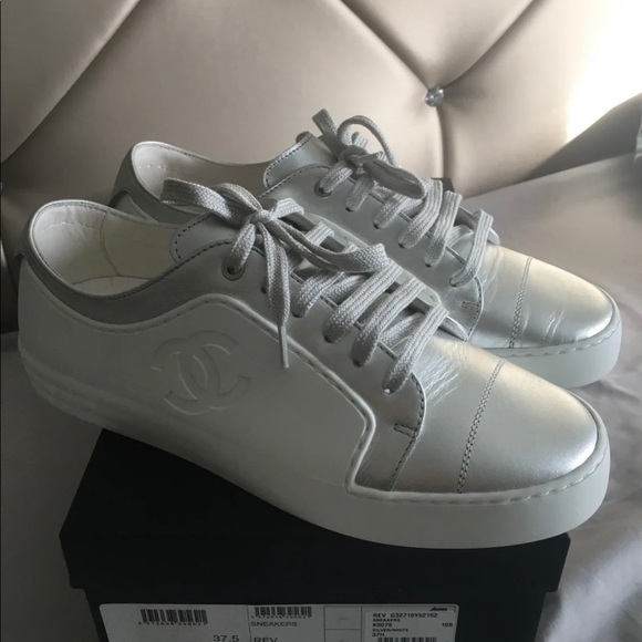 CHANEL Shoes - Chanel Iridescent Metallic Grey and White Sneakers size 37.5
